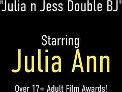 两个经验丰富的女人,Julia Ann和Jessica James,分享一根阴茎并参与深喉