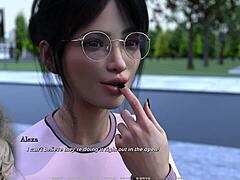 虚拟现实游戏:观看一个胸的黑发女郎在公共场合进行口交